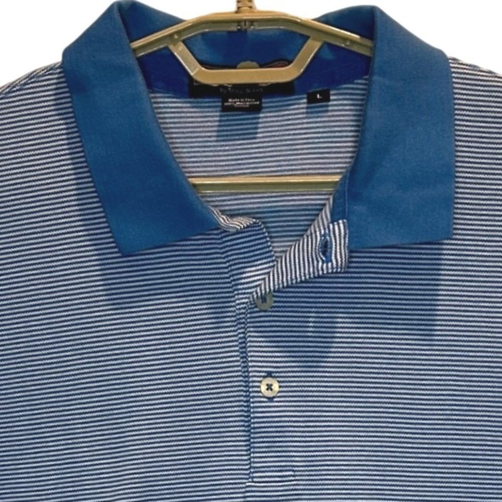 Vineyard Vines Polo Shirt Large‎ Mens Blue White Striped Cotton Short Sl
